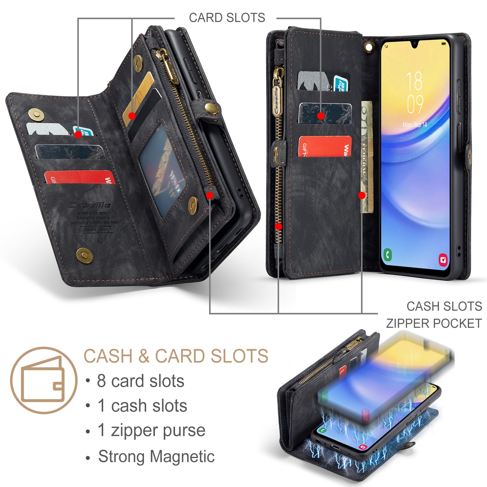 For Samsung Galaxy A16 5G / A16 4G Case CASEME 008 Series Detachable Leather Zipper Wallet Phone Cover - Black For Samsung Galaxy A16 5G / A16 4G Case CASEME 008 Series Detachable Leather Zipper Wallet Phone Cover - Black